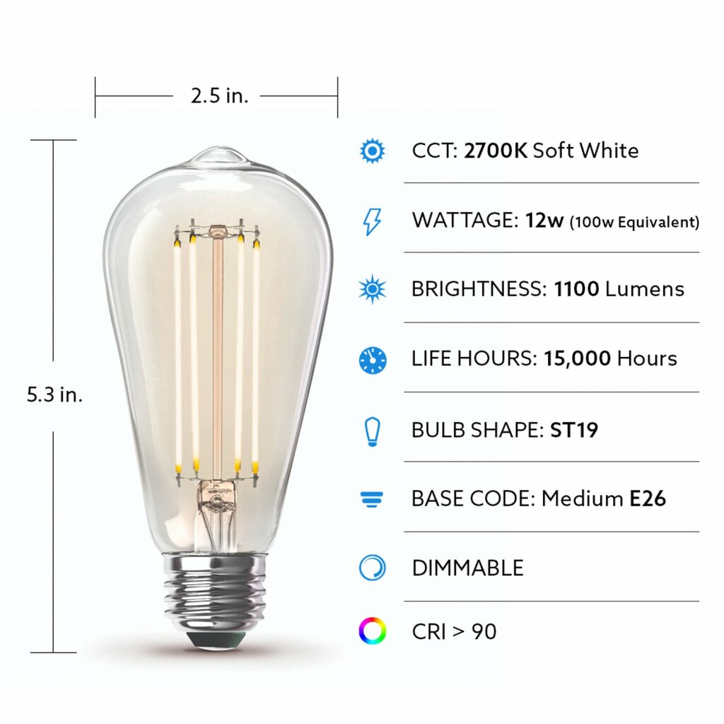 Feit Electric ST19100CL/927CA/4 12W ST19 Warm White LED Light Bulb