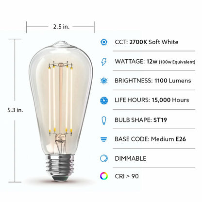 Feit Electric ST19100CL/927CA/4 12W ST19 Warm White LED Light Bulb