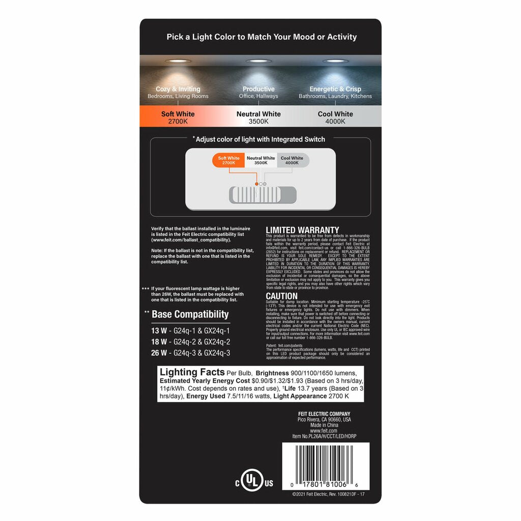 Feit Electric PL26A/H/CCT/LED/HDRP 16W Twin-Tube CCT LED Light Bulb