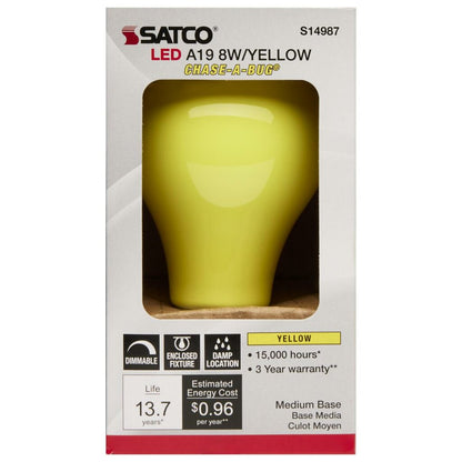 Satco S14987 8W A19 Yellow LED Light Bulb