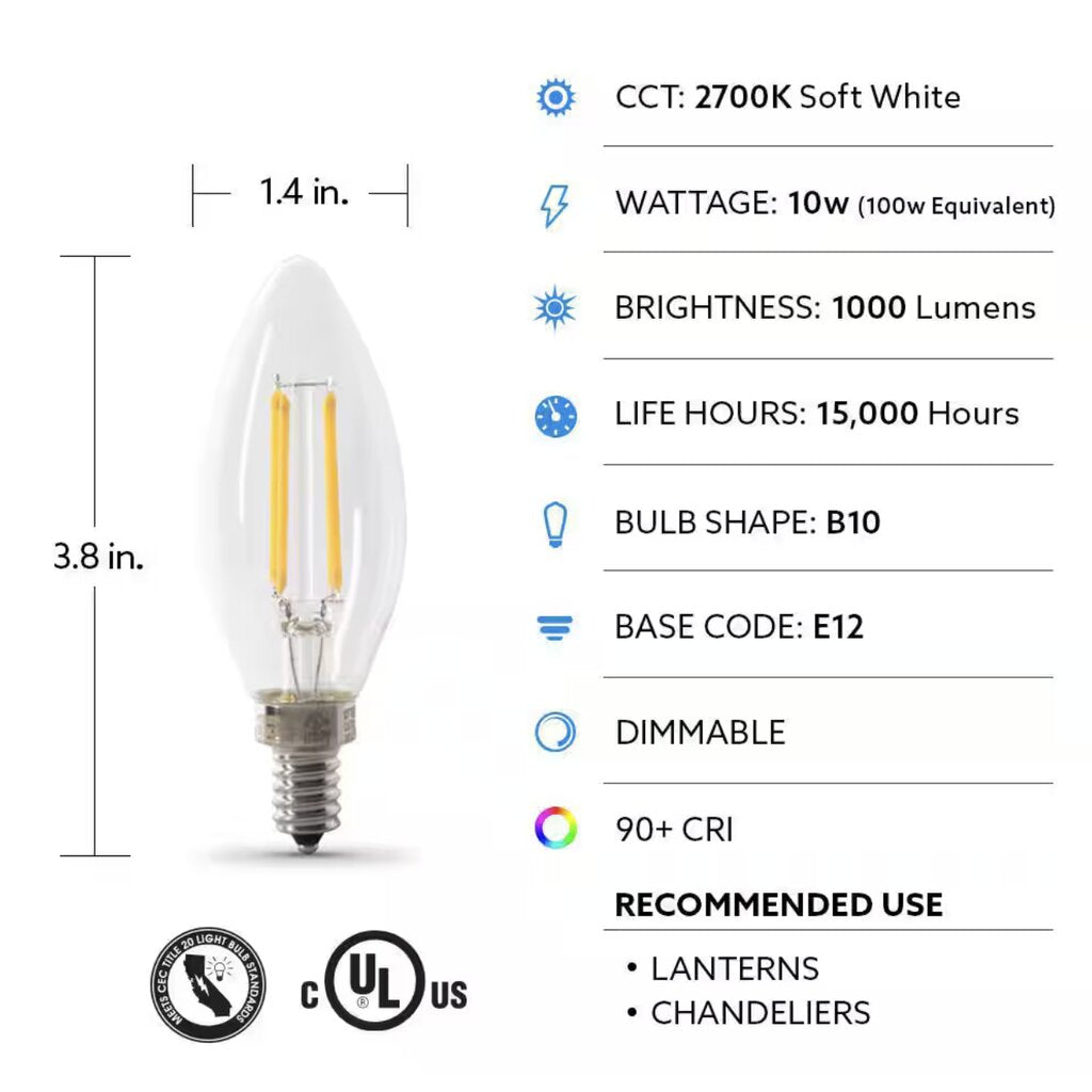 Feit Electric BPCTC100927CAFIL/2 10W B10 Warm White LED Light Bulb