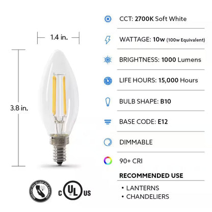 Feit Electric BPCTC100927CAFIL/2 10W B10 Warm White LED Light Bulb