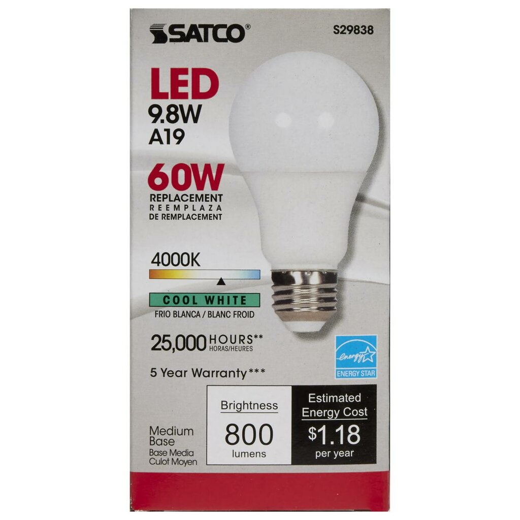 Satco S29838 9.8W A19 Cool White LED Light Bulb