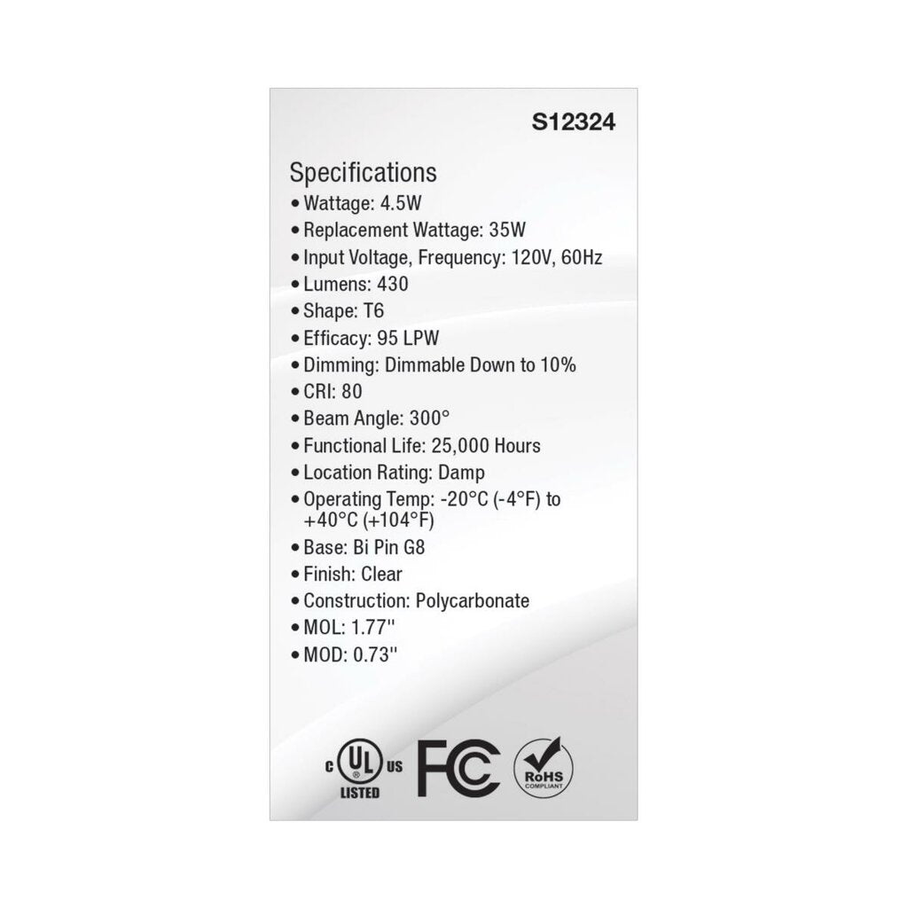 Satco S12324 4.5W T6 LED Light Bulb