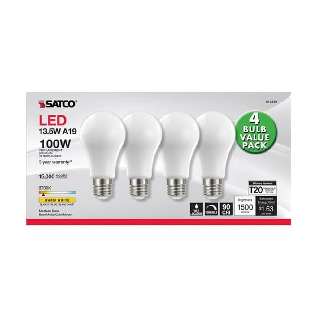 Satco S12440 13.5W A19 Warm White LED Light Bulb