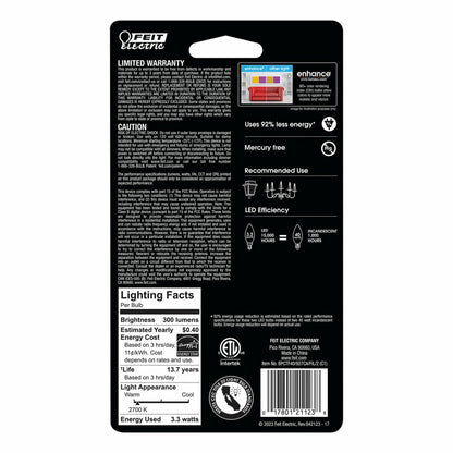 Feit Electric BPCTF40927CAFIL/2/RP 3.3W B10 LED Light Bulb
