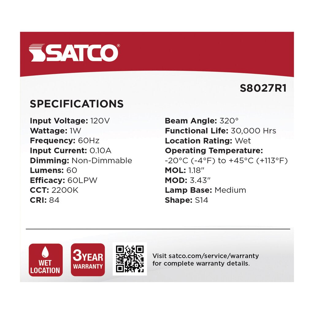 Satco S8027R1 1W S14 LED Light Bulb