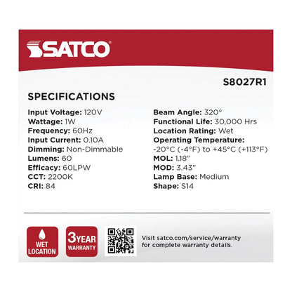 Satco S8027R1 1W S14 LED Light Bulb